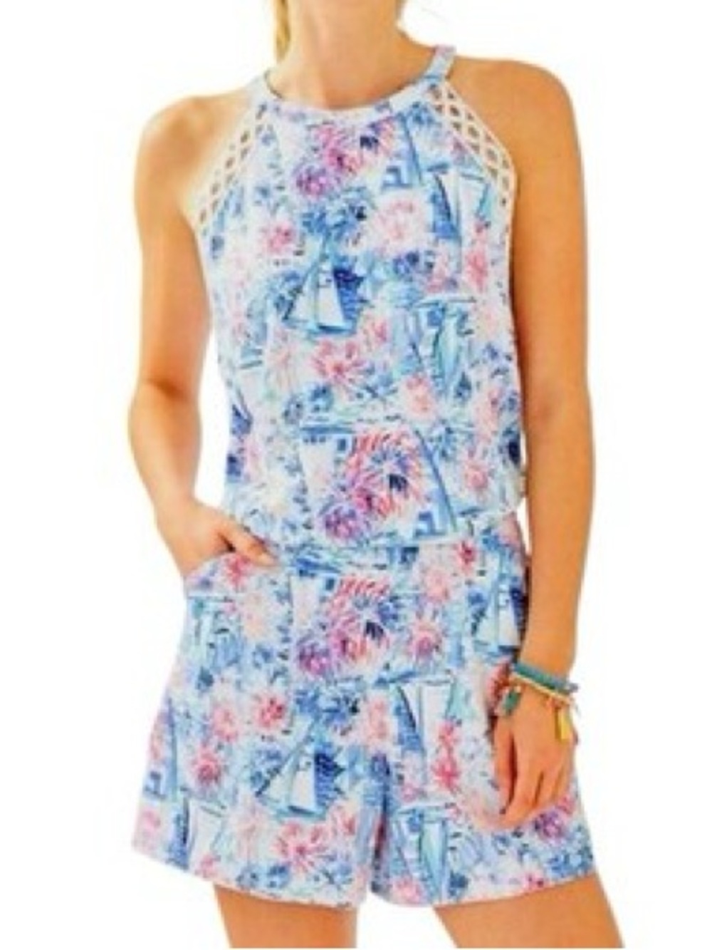 Lilly Pulitzer Lala Romper Halter Blue Sea to Shining Sea Sailboat Size XS